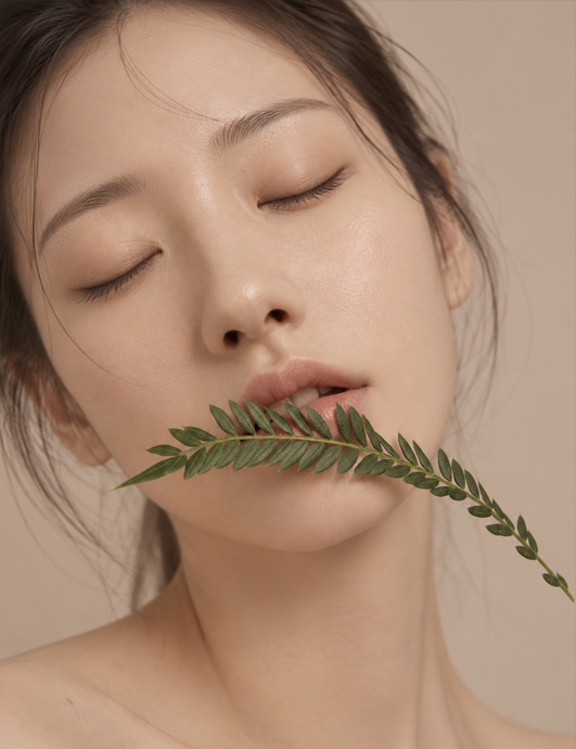 눈을 감고 초록 잎을 얼굴 가까이 둔 여성